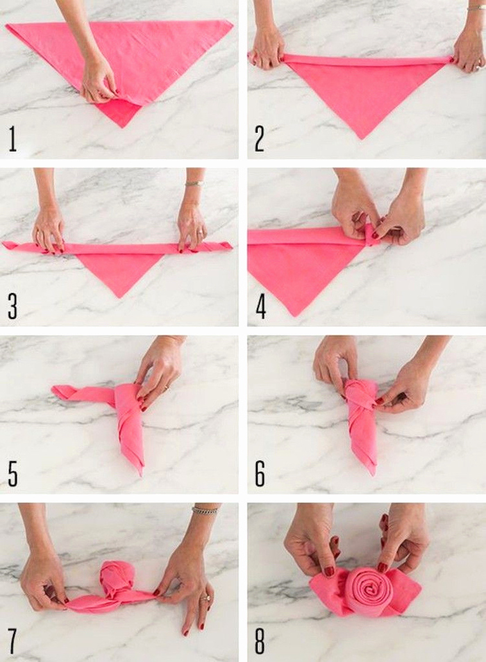 rose shaped, pink napkin, diy tutorial, how to fold dinner napkins, step by step, on a marble countertop
