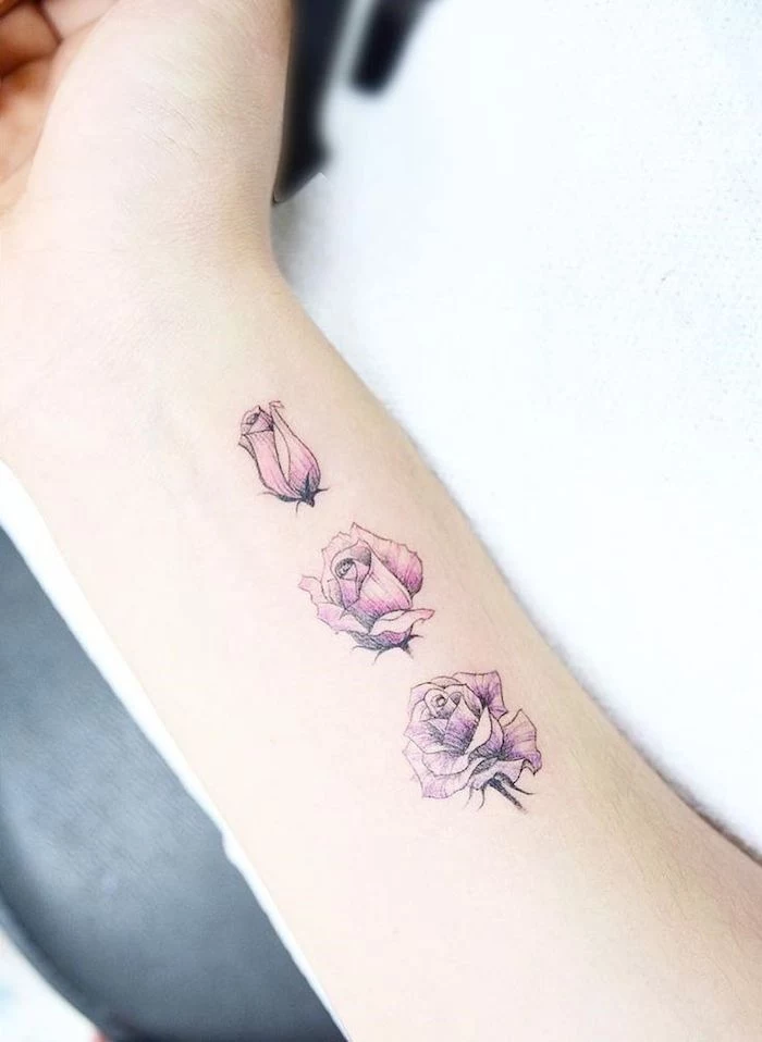 pink rose blooming, wrist tattoo, white background, leg tattoos for girls