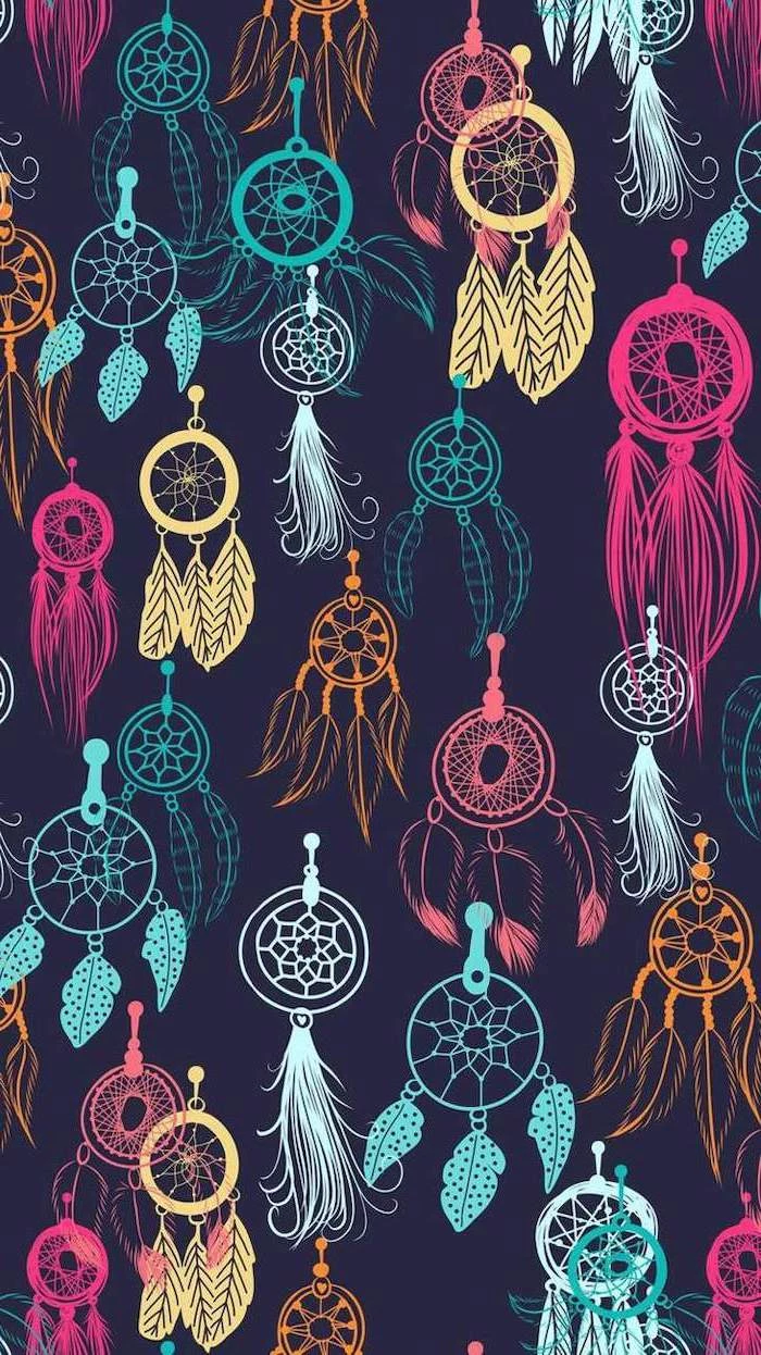 pink and yellow, blue and green dreamcatchers, on a black background, pretty iphone wallpaper