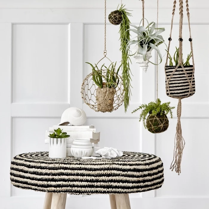 black and white table, plant hangers, potted plants, how to macrame, white wall