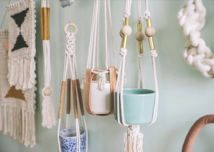 white and blue ceramic pots, how to make macrame, plant hangers, mint green wall