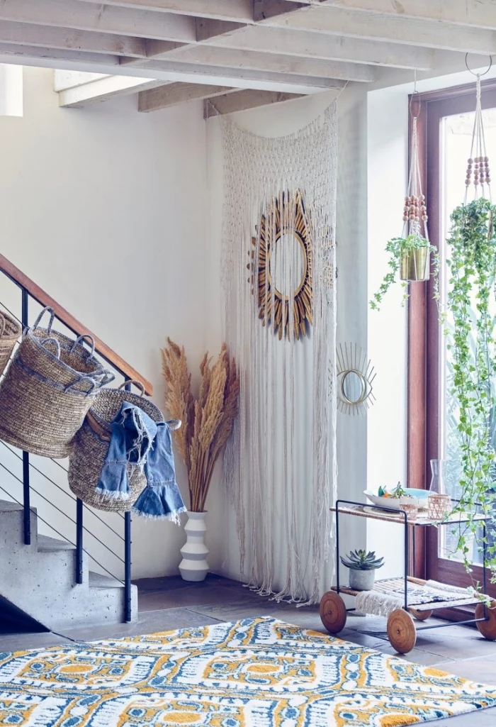 white wall, wooden basket, how to make macrame, printed rug, large window, potted plants