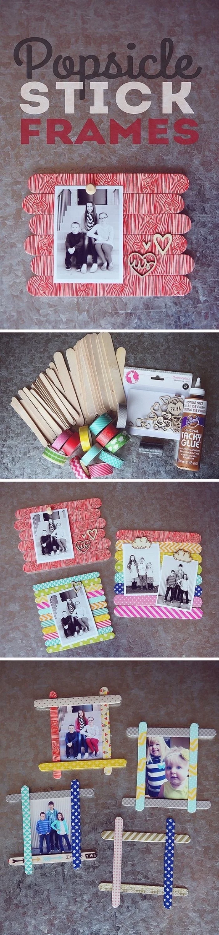 popsicle stick frames, different photos, language activities for preschoolers, colourful wooden sticks