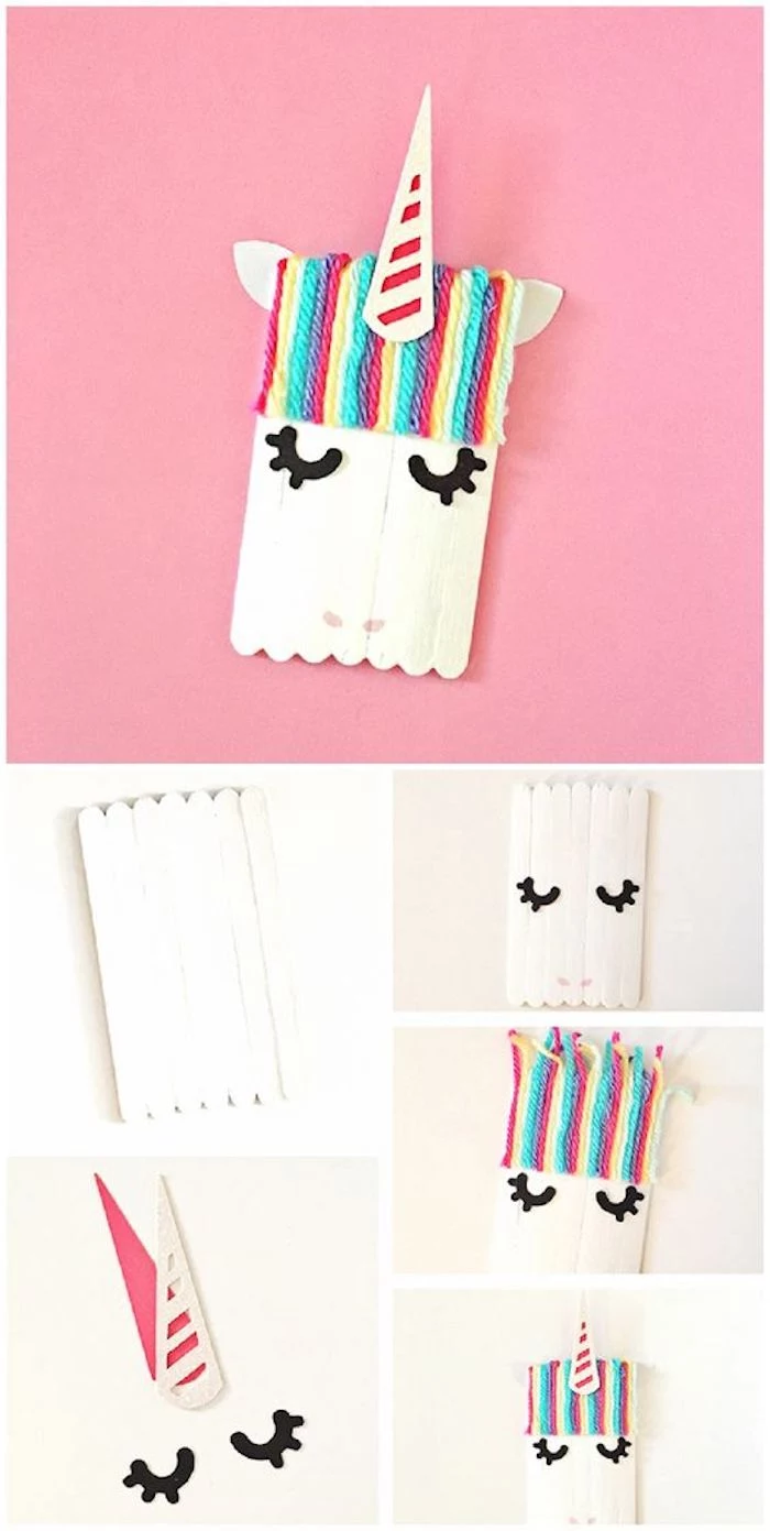 unicorn made with popsicle sticks, language activities for preschoolers, colourful strands, diy tutorial