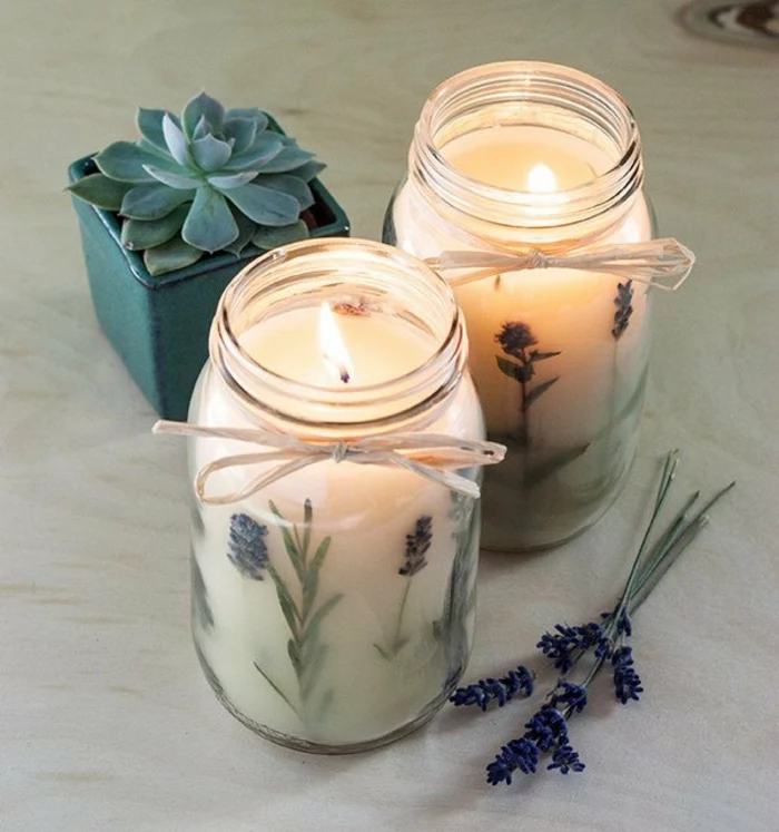 potted succulent, diy candles, two large jars, filled with candle wax, mixed with lavender