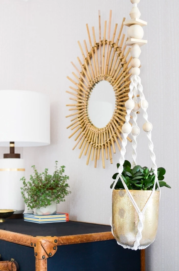 round mirror, wooden frame, metal pot, plant hanger, macrame for beginners, potted succulent