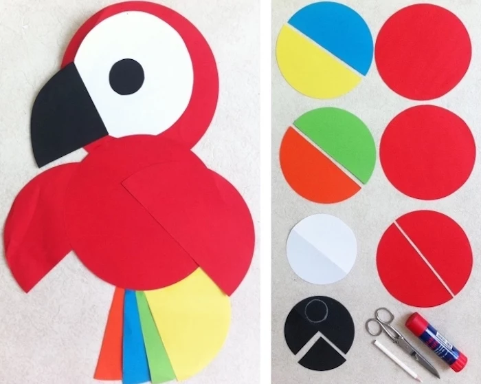 colourful parrot, made of paper, language activities for preschoolers, step by step, diy tutorial