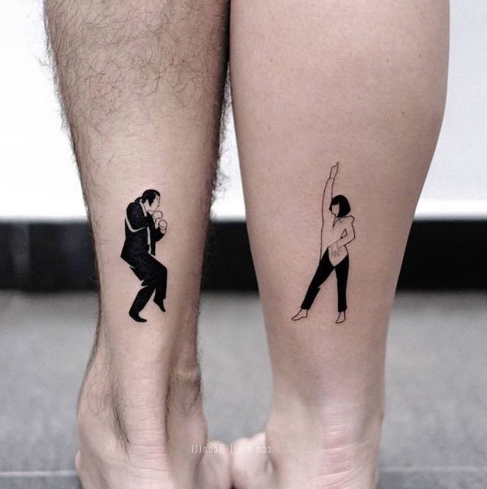 couple tattoos quotes, pulp fiction inspired, back of leg tattoo
