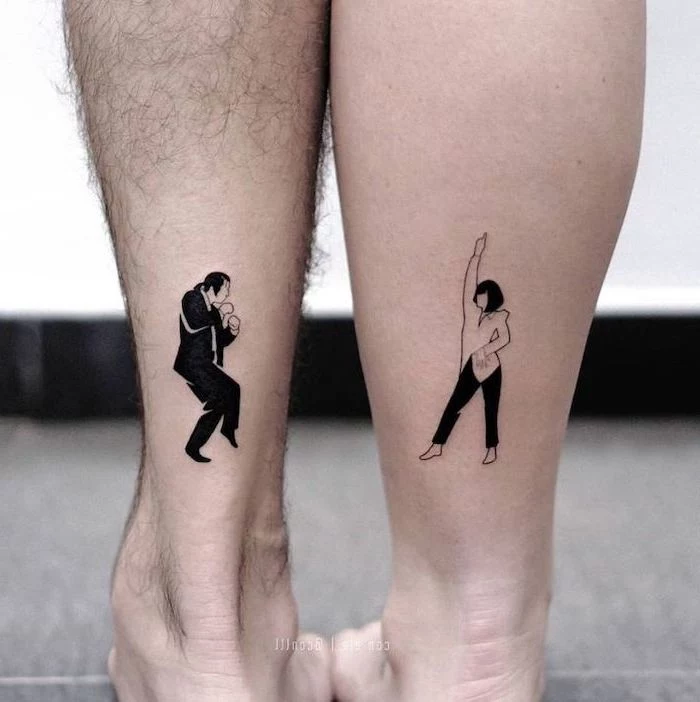 couple tattoos quotes, pulp fiction inspired, back of leg tattoo