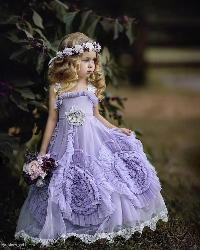 purple tule dress, blonde wavy hair, cute dresses for girls, flower crown, flower bouquet