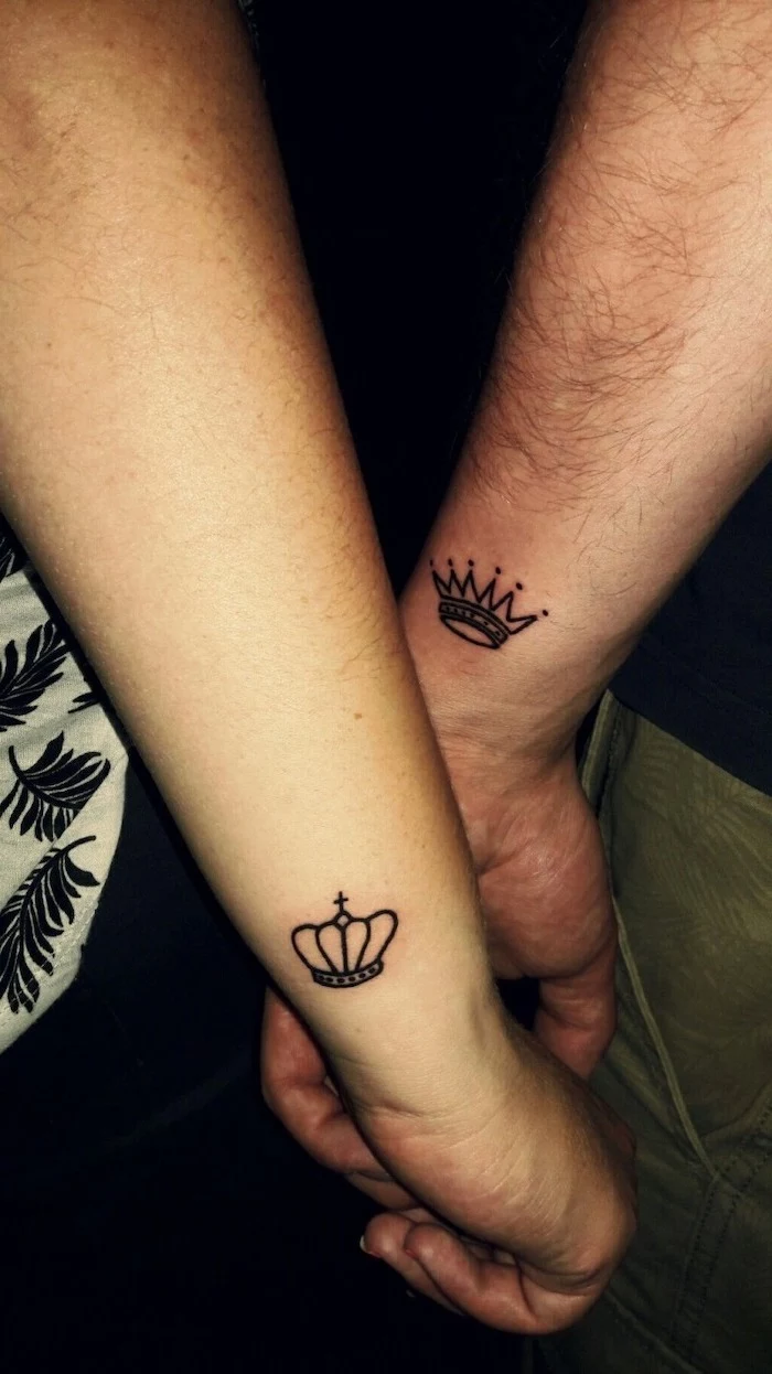 king and queen, small crowns, couple tattoo quotes, wrist tattoos