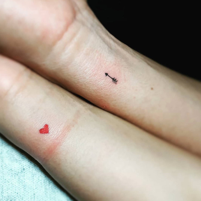 couple tattoos quote, small heart and arrow, wrist tattoos