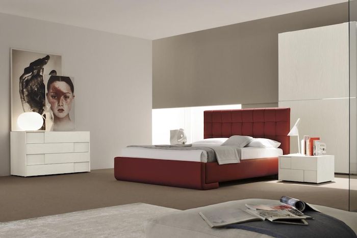 red leather bed frame, over the bed decor, grey walls, white drawers and night stand