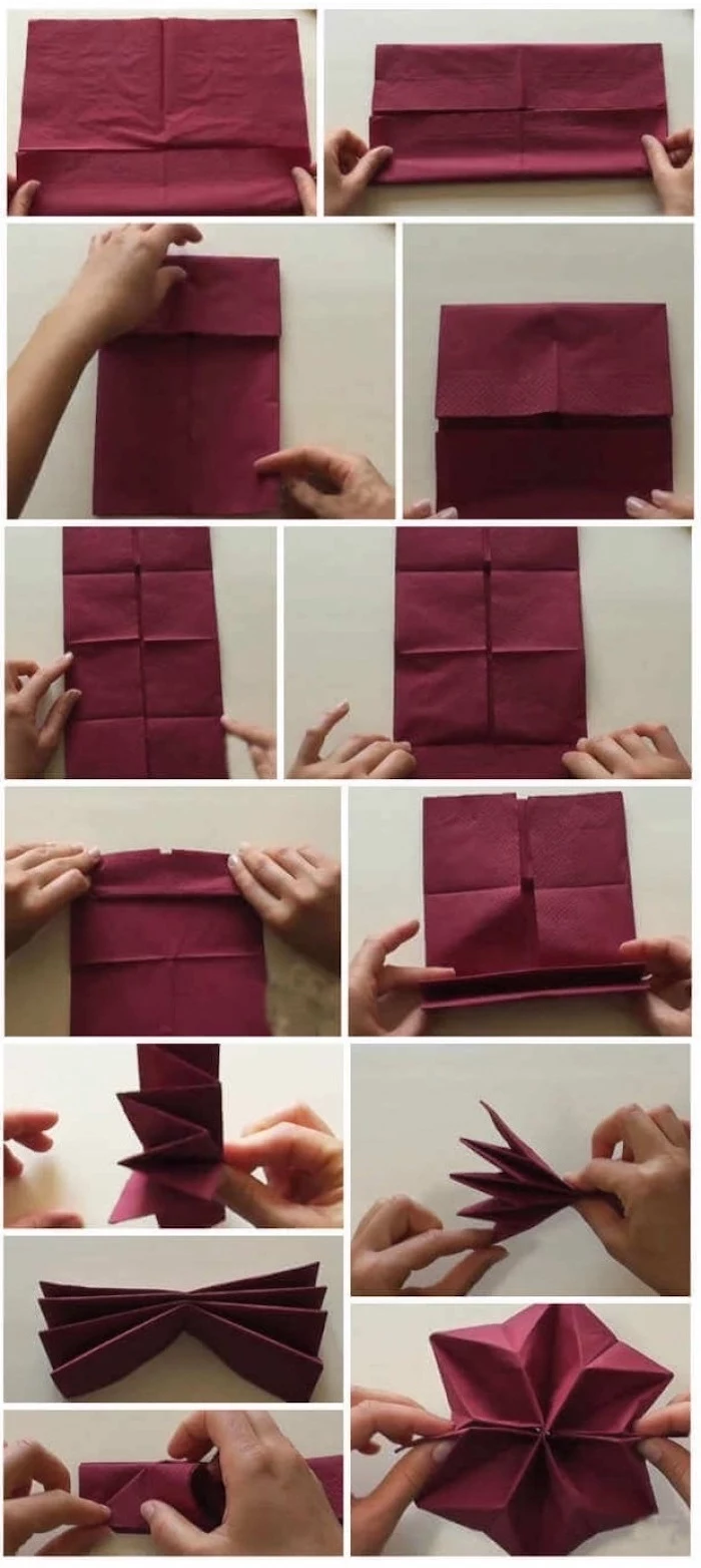 how to fold napkins fancy, step by step, diy tutorial, red napkin, in the shape of a star