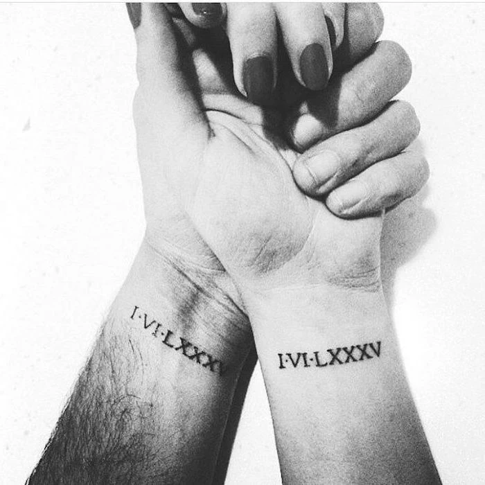 roman numerals, couple tattoos quote, wrist tattoos, black and white photo