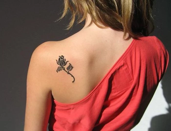 small rose, shoulder tattoo, tattoos for girls on hand, pink top, blonde hair