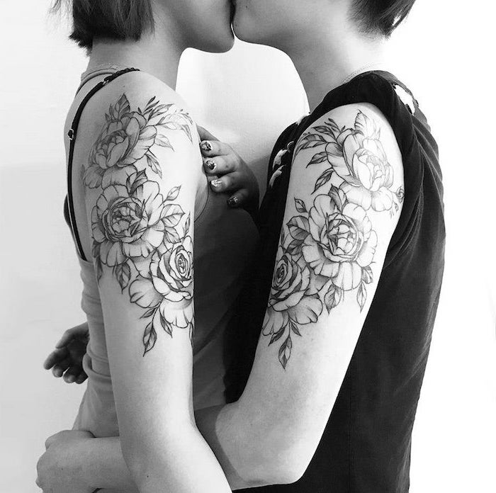three roses, shoulder tattoos, cute matching tattoos, black and white photo