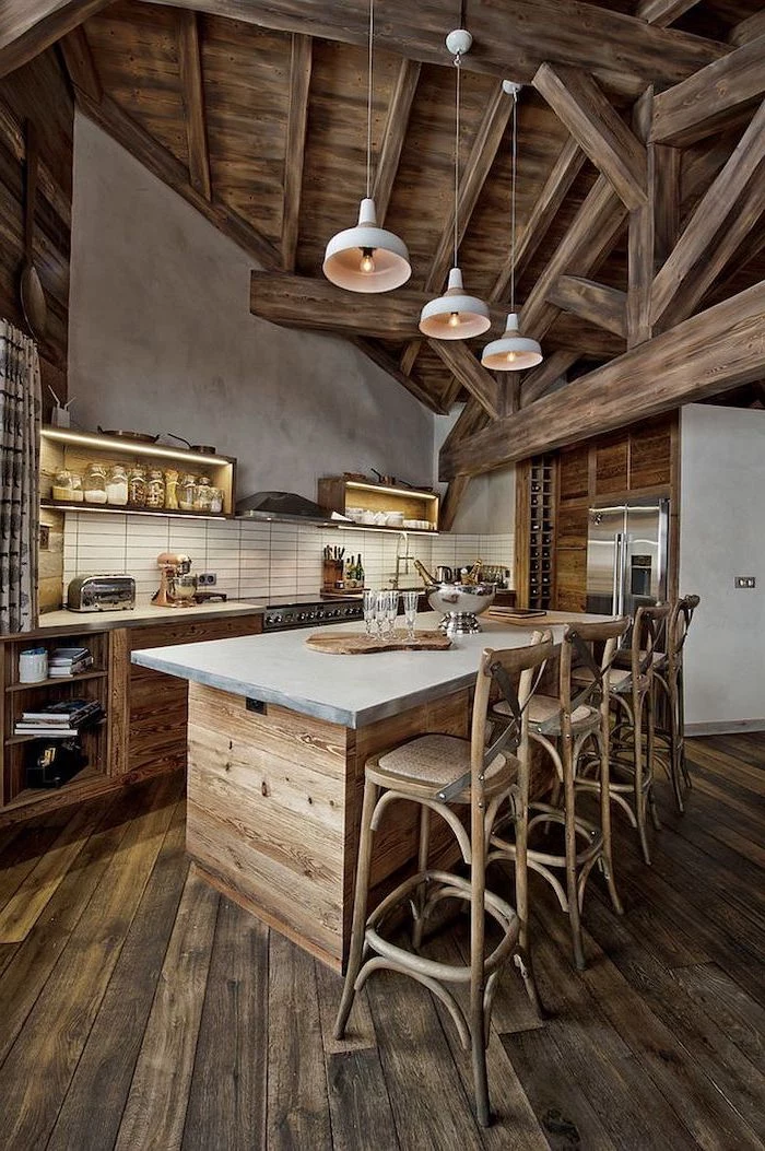 rustic style, wooden floor and ceiling, kitchen island cabinets, subway tiles backsplash, wooden bar stools