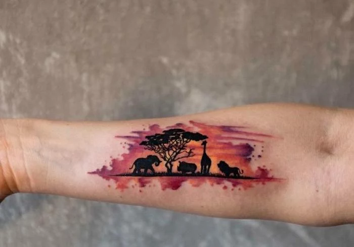 savana watercolour landscape, cool arm tattoos, tree and sunset, elephant and rhino, giraffe and lion