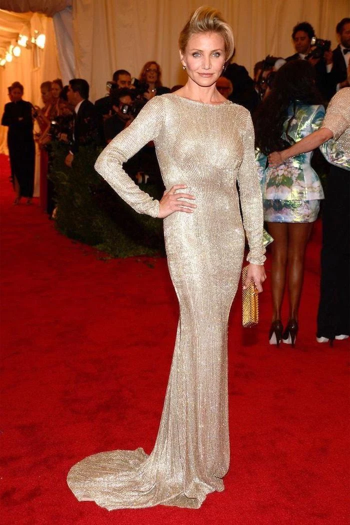 cameron diaz, on the red carpet, what is the met gala, gold sequinned dress, with long sleeves