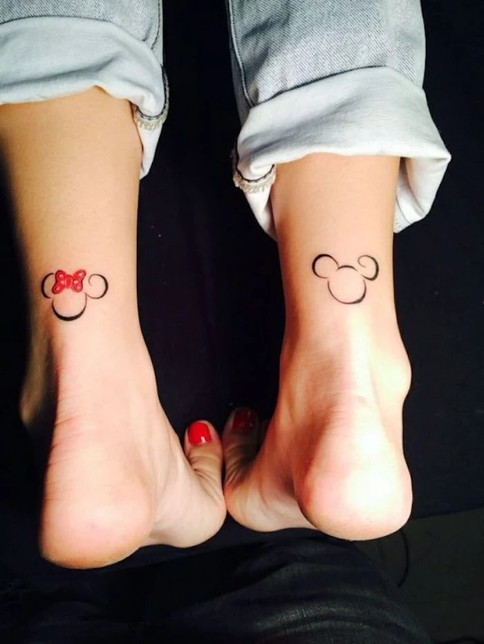 washed jeans, mickey and minnie mouse, ankle tattoos, tattoos for girls on hand, red nail polish