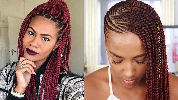 red burgundy hair, side braids with weave, two different hairstyles, in side by side photos