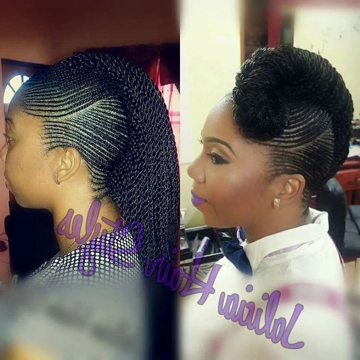 side braids with weave, two different hairstyles, in side by side photos, on black hair