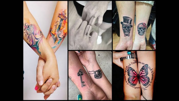side by side photos, cute matching tattoos, watercolour tattoo, wrist tattoos