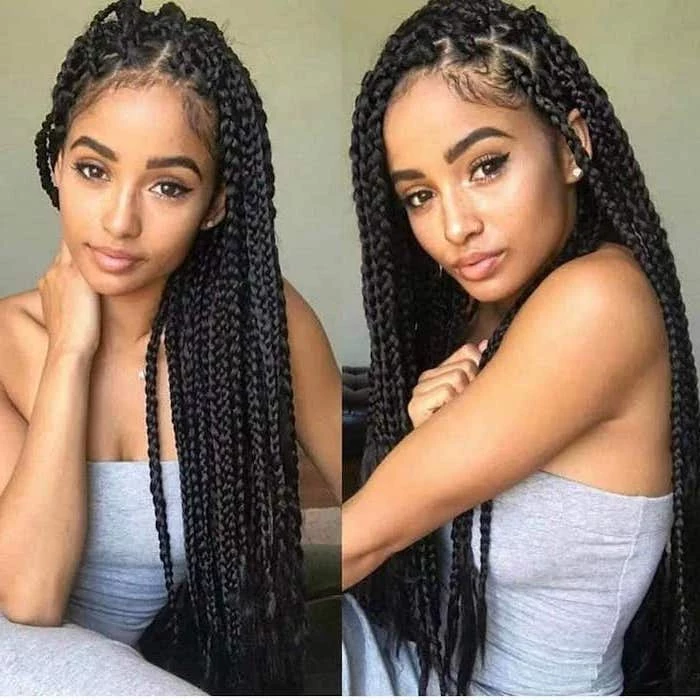 girl with grey top, black hair, side braids with weave, side by side photos