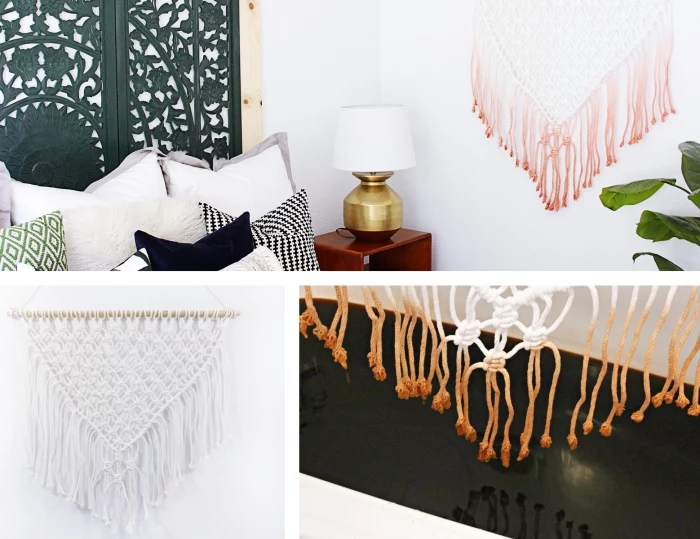 white walls, woven wall hanging, side by side photos, photo collage, wooden side table