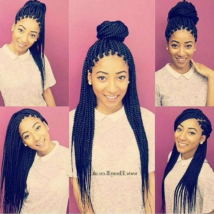 side by side photos, of different hairstyles, on long black hair, nigerian cornrow hairstyles