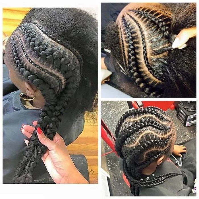 side by side photos, of black hair being braided, nigerian cornrow hairstyles, step by step