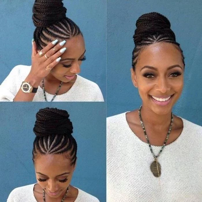 woman smiling, black hair in a bun, nigerian cornrow hairstyles, side by side photos