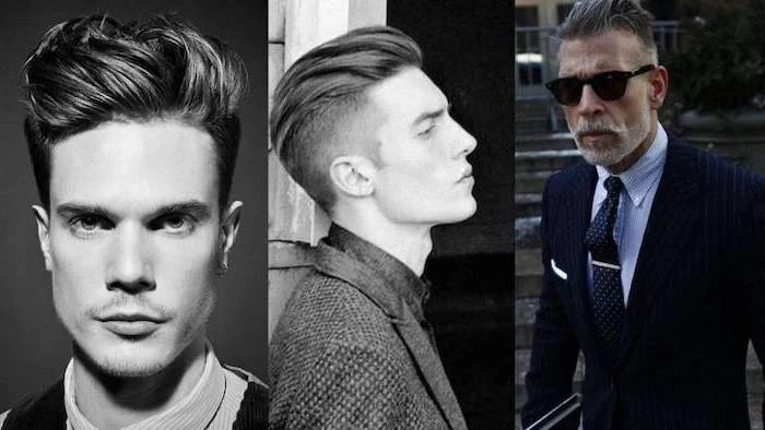 medium length hair men, side by side photos, three different hairstyles