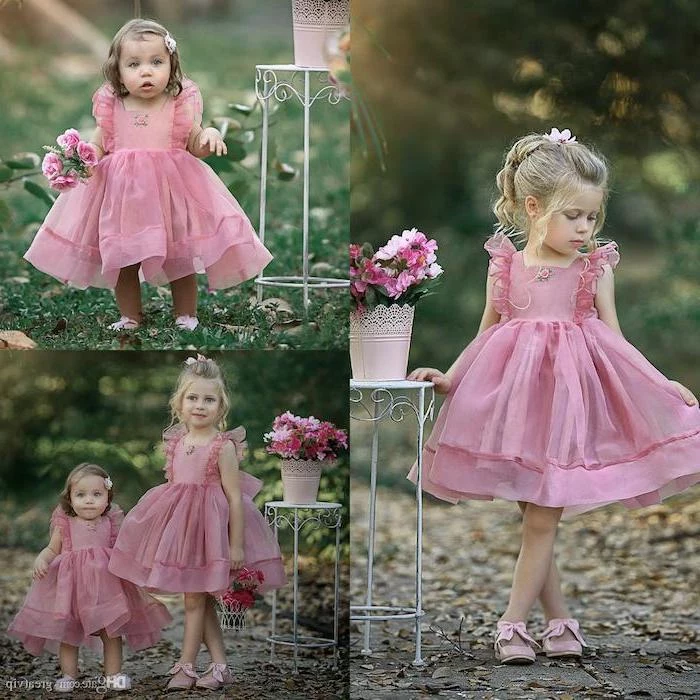 side by side photos, pink tulle dress, blonde hair, toddler girl, cute dresses for girls, flower bouquets