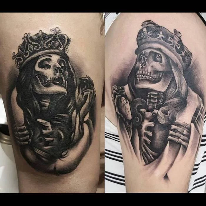 king and queen skeletons, with crowns, cute matching tattoos, shoulder tattoos