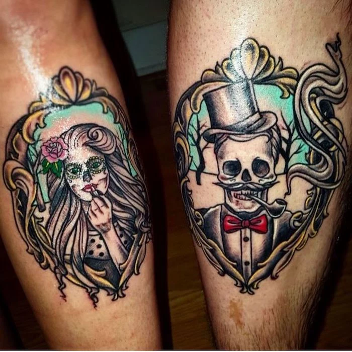 vintage frames, male and female skeletons, cute matching tattoos, back of leg tattoos