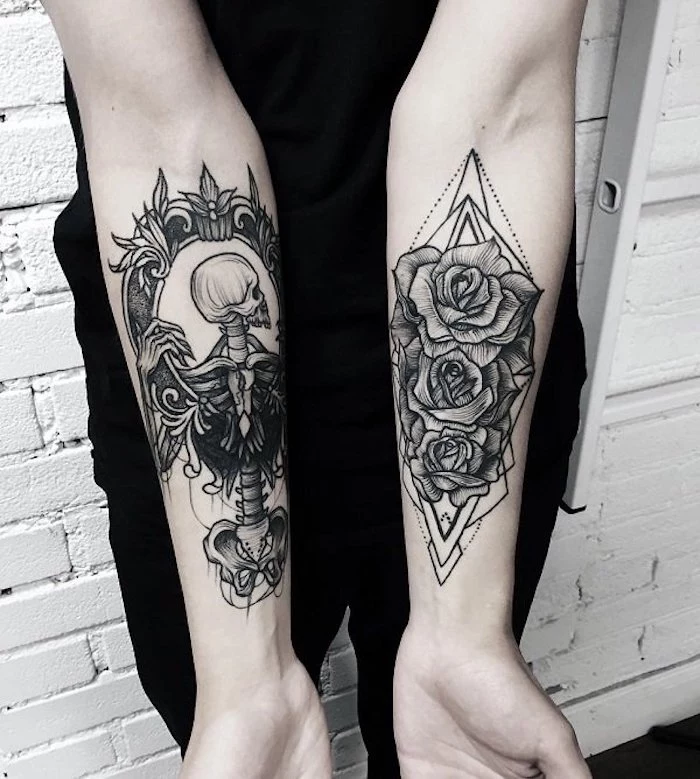 human skeleton on one hand, roses on the other, cool arm tattoos, white brick wall