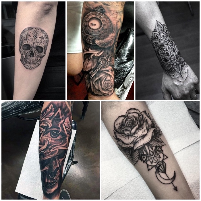 forearm tattoos, side by side photos, roses and mandala tattoos, skull and pocket watch