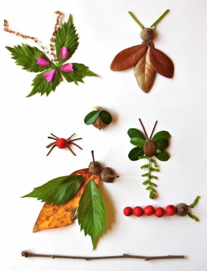 different insects, made of leaves, fruits and flowers, preschool classroom games