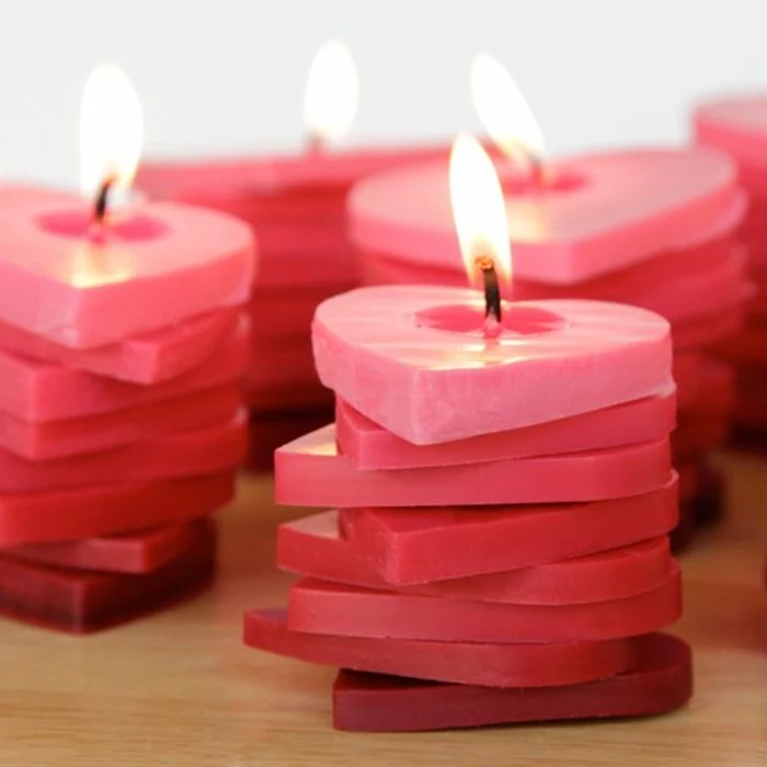 small heart stacks, made of candle wax, lit up, how to make candles