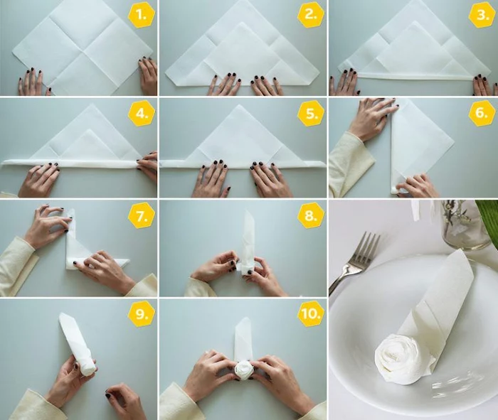 white napkin, rose shaped, diy tutorial, how to fold napkins fancy, step by step