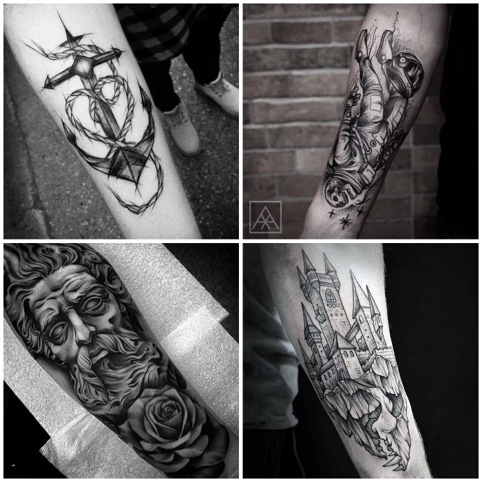 inner forearm tattoos, side by side photos, anchor and castle, religious theme, skeleton astronaut