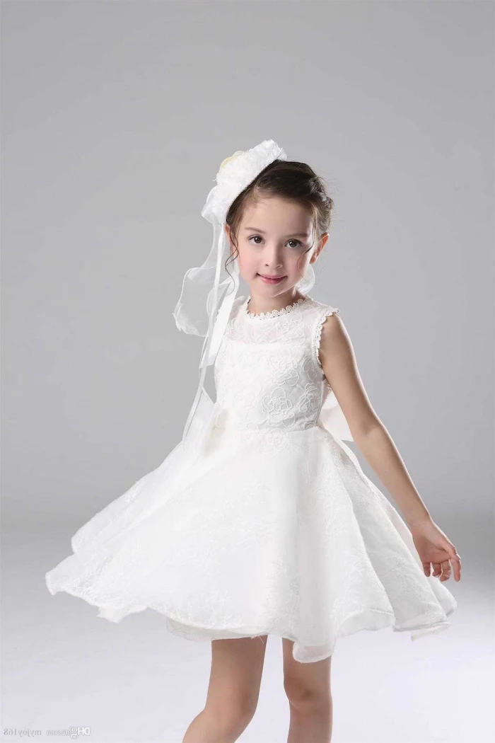 small white hat, white dresses for girls, made of lace and tulle, white background, black hair