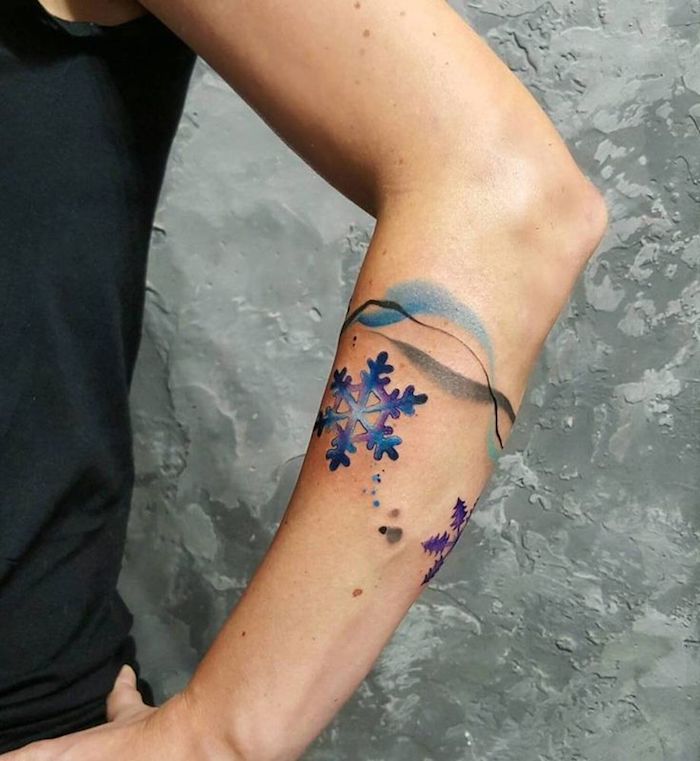 blue snowflakes, watercolour tattoo, black top, inner forearm tattoos, grey background