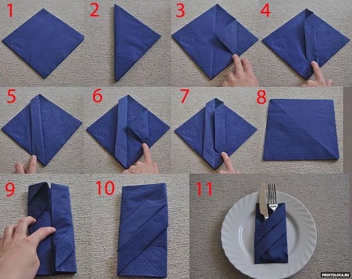 how to fold napkins with rings, blue napkin, silverware inside, white plate