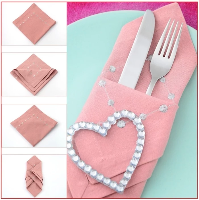step by step, diy tutorial, napkin folding ideas, pink napkin, silverware inside