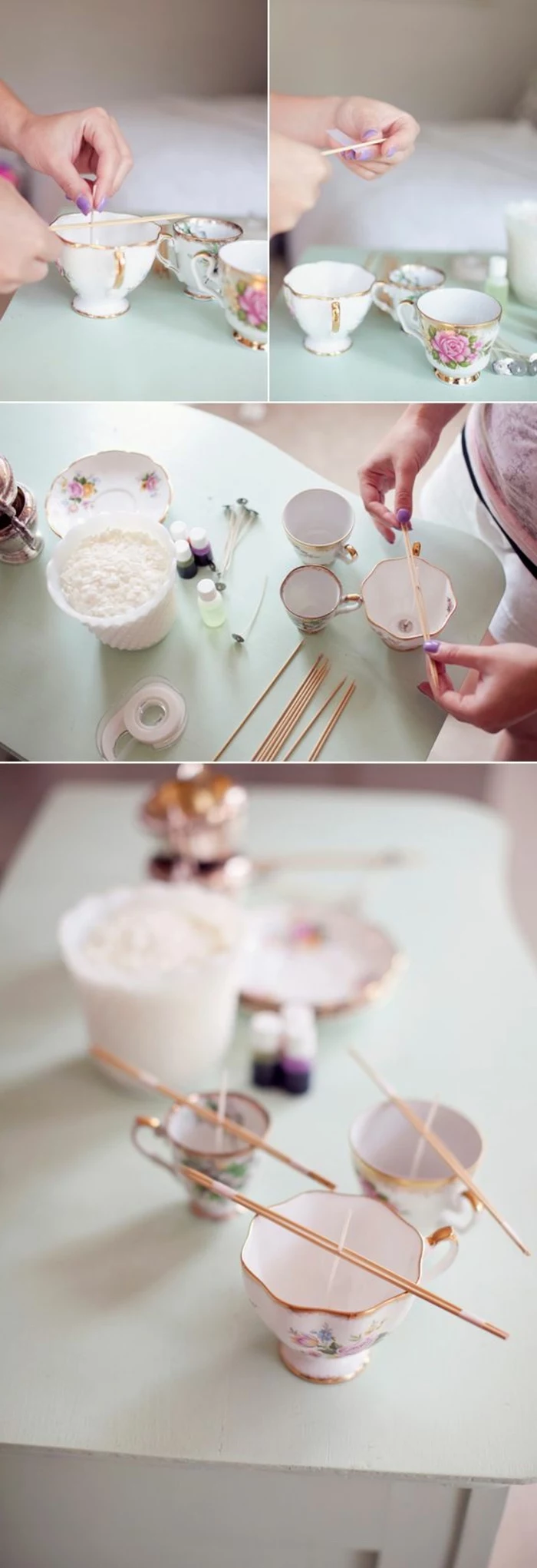 step by step, diy tutorial, how to make candles, vintage teacups, filled with candle wax