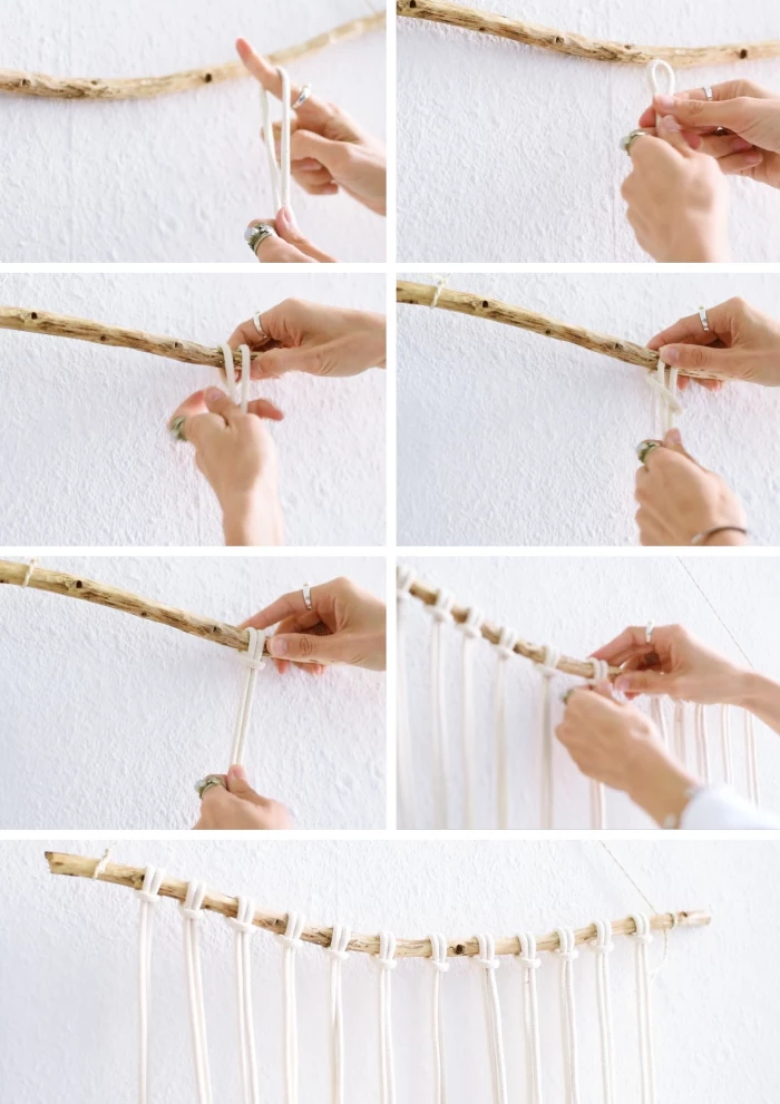 how to macrame, step by step, diy tutorial, white wall, wooden stick