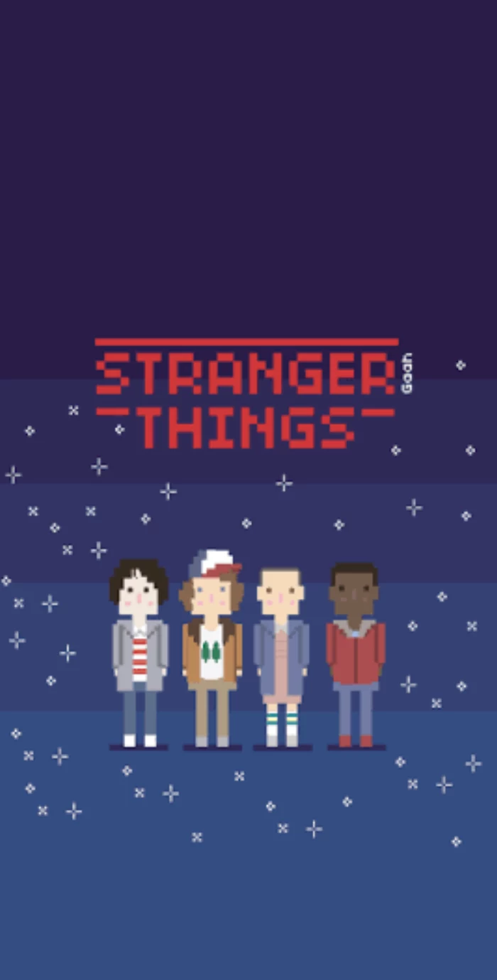 stranger things characters pixelated, summer iphone wallpaper, blue backgorund
